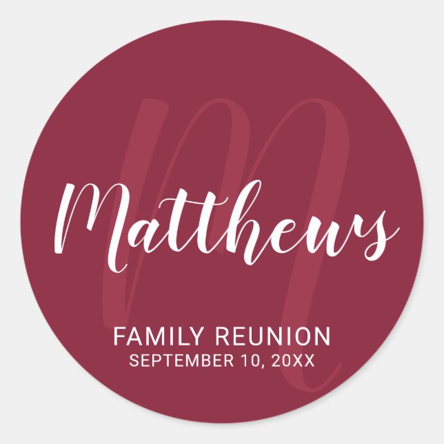 Personalised Modern Script Monogram & Family Name Classic Round Sticker (Front)