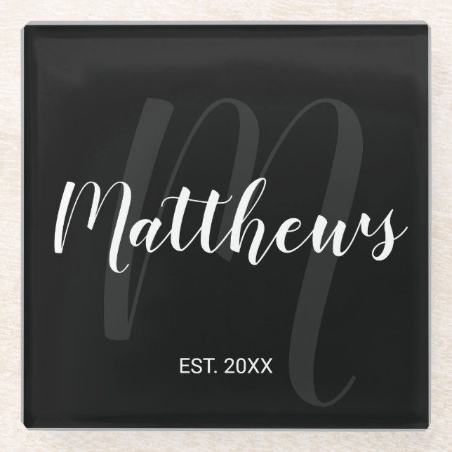 Personalised Modern Script Monogram & Family Name Glass Coaster (Front)