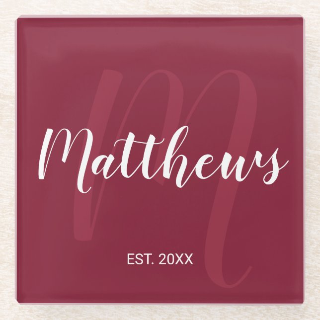 Personalised Modern Script Monogram & Family Name Glass Coaster (Front)