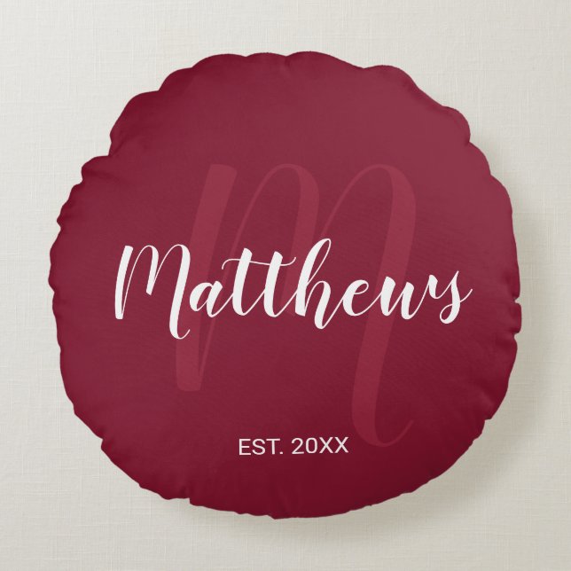 Personalised Modern Script Monogram & Family Name Round Cushion (Front)