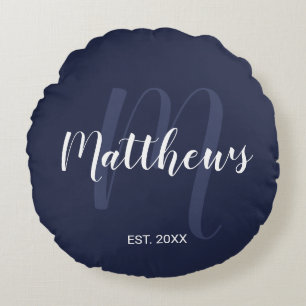 Personalised Modern Script Monogram & Family Name Round Cushion