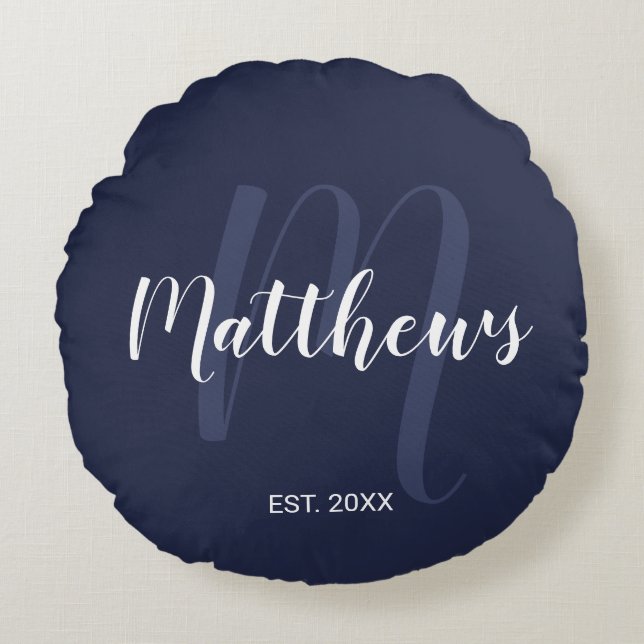 Personalised Modern Script Monogram & Family Name Round Cushion (Front)