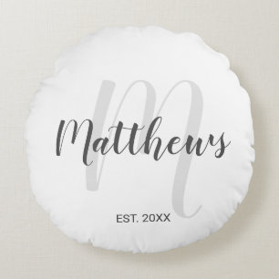 Personalised Modern Script Monogram & Family Name Round Cushion