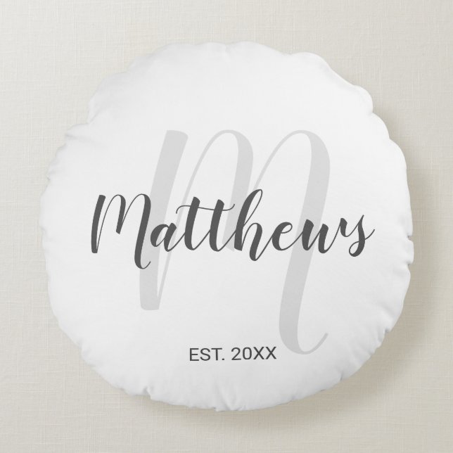Personalised Modern Script Monogram & Family Name Round Cushion (Front)