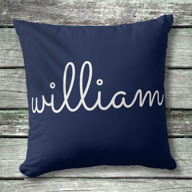 Personalised Modern Script Name Navy Blue Cushion (Personalized Modern Script Name Navy Blue Throw Pillow)