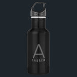 Personalised Modern Simple Black Grey Monogrammed 532 Ml Water Bottle<br><div class="desc">Personalised Name and Initial Letter Stainless Steel Water Bottle with a Custom Monogram in a trendy modern and minimal classic sans serif font for a simple but sophisticated and masculine look. Shown in grey on a black metallic water bottle, the text colours and fonts can be changed, and several bottle...</div>