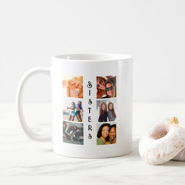 Personalised Modern Sisters 6 Photo Collage Coffee Mug (With Donut)