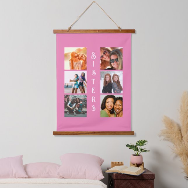 Personalised Modern Sisters 6 Photo Collage Hanging Tapestry (Bedroom)