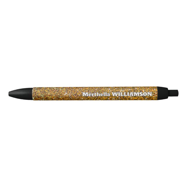 Personalised Modern Sparkly GOLD GLITTER Black Ink Pen (Front)