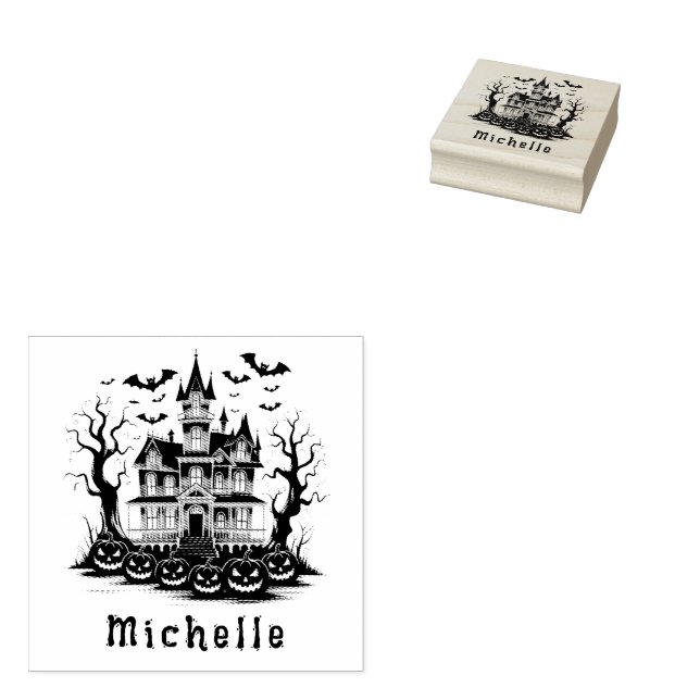 Personalised Modern Spooky Pumpkin  Haunted house  Rubber Stamp (Stamped)