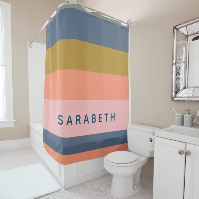 Personalised Modern Striped Muted Blue Peach Pink Shower Curtain (In Situ)