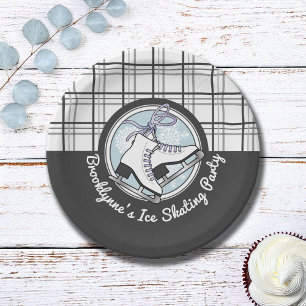 Personalised Modern Tartan Ice Skating Party Paper Plate
