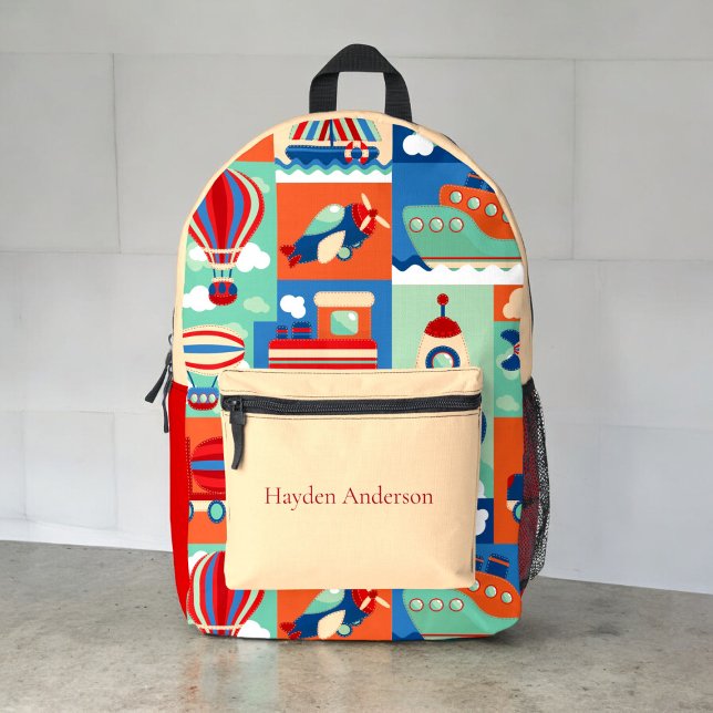 Personalised modern Transport trendy kids   Printed Backpack (personalized boys transport fun school backpack )