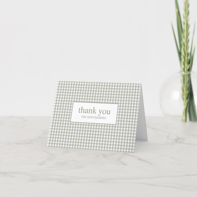 Personalised Modern Typography Green Gingham Thank You Card (Front)