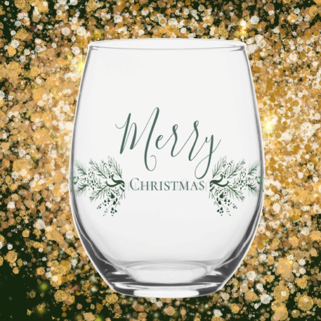 Personalised Modern Unique Pine Christmas Gift Stemless Wine Glass (Give a beautiful unique personalized gift.  Merry Christmas modern script pine art. Add custom text
)