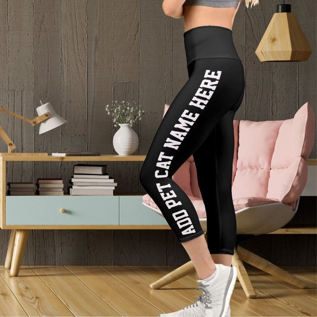 Personalised Modern White Black Pet Cat Name Cute Capri Leggings (Creator Uploaded)