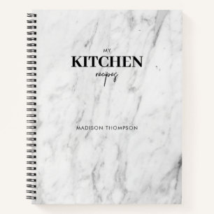 Personalised Modern White Marble Kitchen Recipe Notebook