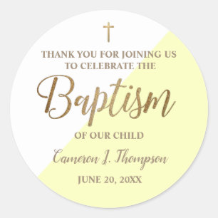 Personalised Modern YELLOW Baby baptism thank you Classic Round Sticker