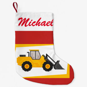Personalised Modern Yellow Loader Tractor on Red Small Christmas Stocking