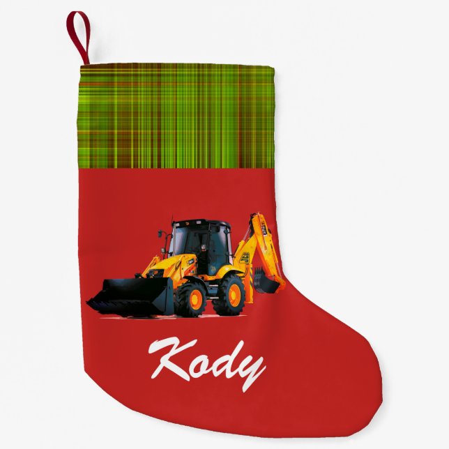 Personalised Modern Yellow Loader Tractor on Red Small Christmas Stocking (Front)