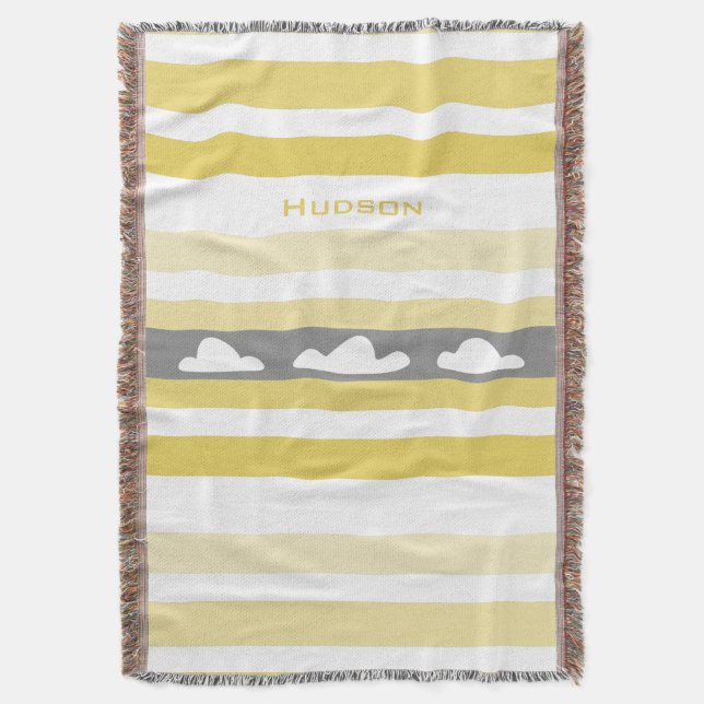 Personalised Modern Yellow Striped Clouds Throw Blanket (Front Vertical)
