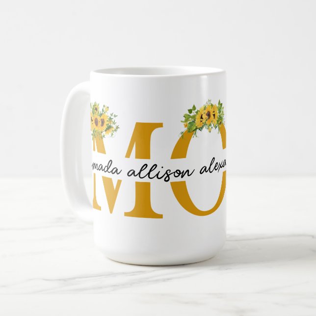 Personalised MOM Sunflower with children's names Coffee Mug (Front Left)