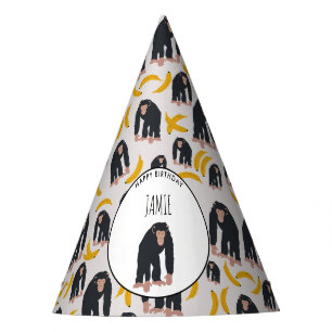 Personalised Monkey Chimpanzee & Banana Birthday Party Hat