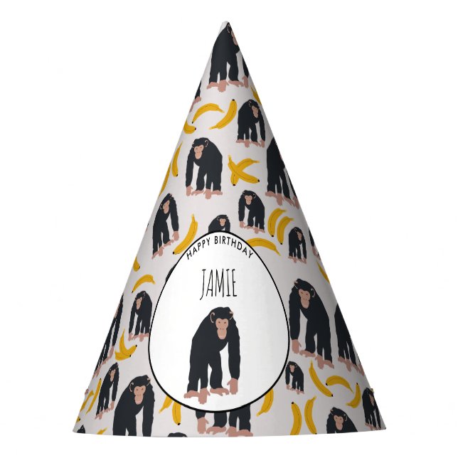 Personalised Monkey Chimpanzee & Banana Birthday  Party Hat (Front)