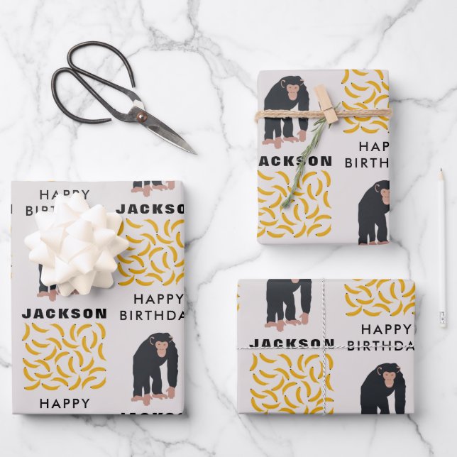Personalised Monkey Chimpanzee & Banana Birthday Wrapping Paper Sheet (Front)