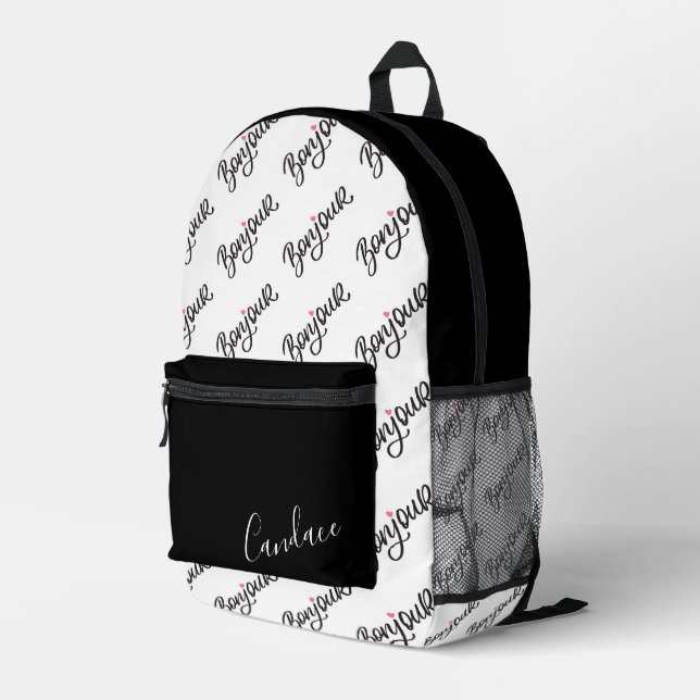 Personalised Monochrome “Bonjour” Backpack  (Back Corner Right)