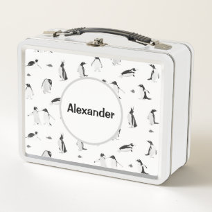 Personalised Monochrome Playful Penguin Pattern Metal Lunch Box