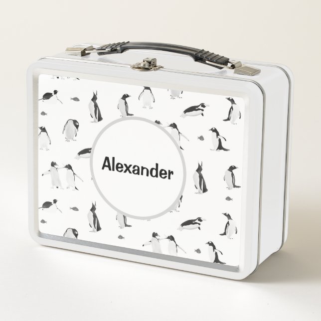 Personalised Monochrome Playful Penguin Pattern Metal Lunch Box (Front)