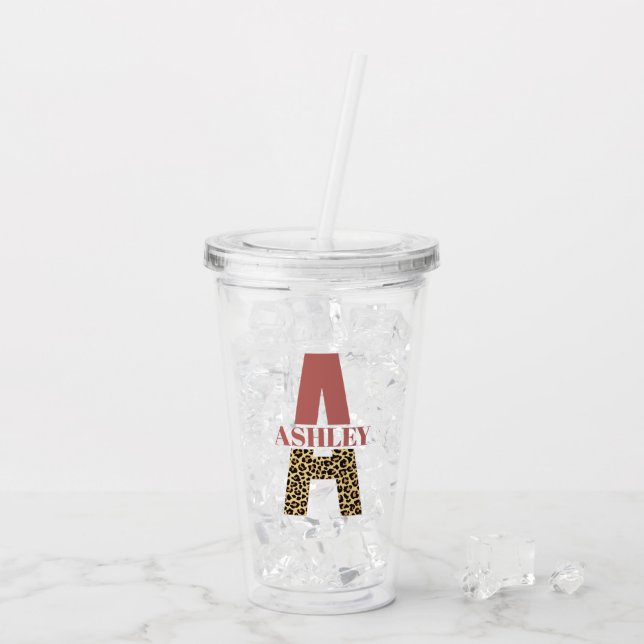 Personalised Monogram A Pink Leopard print Acrylic Tumbler (Back Ice)