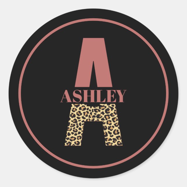 Personalised Monogram A Pink Leopard print  Classic Round Sticker (Front)