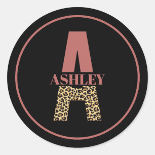 Personalised Monogram A Pink Leopard print Classic Round Sticker