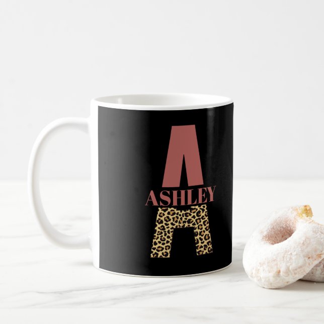 Personalised Monogram A Pink Leopard print Coffee Mug (With Donut)