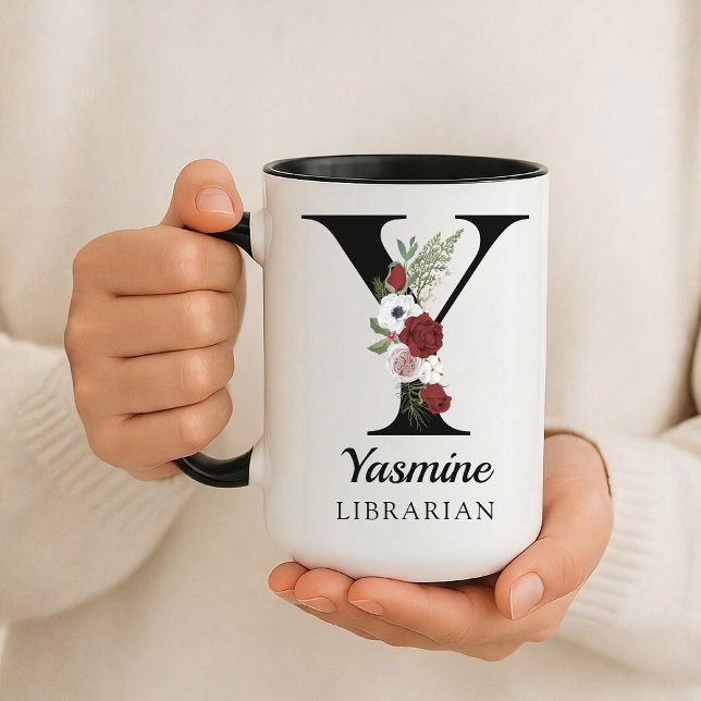 Personalised Monogram Alphabet Mug for Librarian (Personalized Monogram Floral Alphabet Mug for Mom, Grandma, Teacher, Nurse, Lawyer or Bridesmaid)