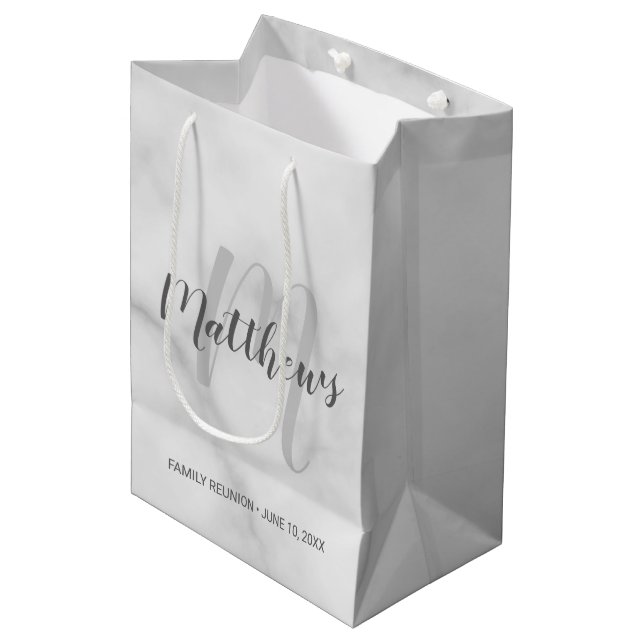 Personalised Monogram and Family Name Marble Medium Gift Bag (Front Angled)