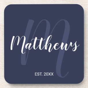 Personalised Monogram and Family Name Navy Blue Coaster