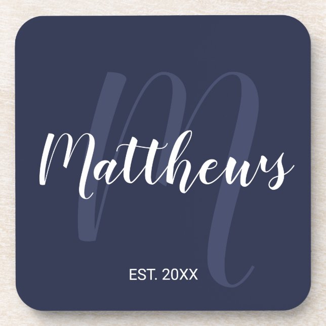 Personalised Monogram and Family Name Navy Blue Coaster (Front)