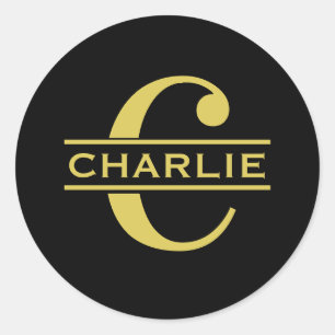Personalised Monogram And Name Black And Gold Classic Round Sticker
