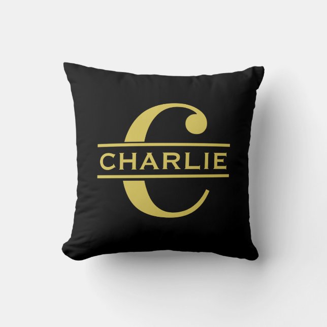 Personalised Monogram And Name Black And Gold Cushion (Front)