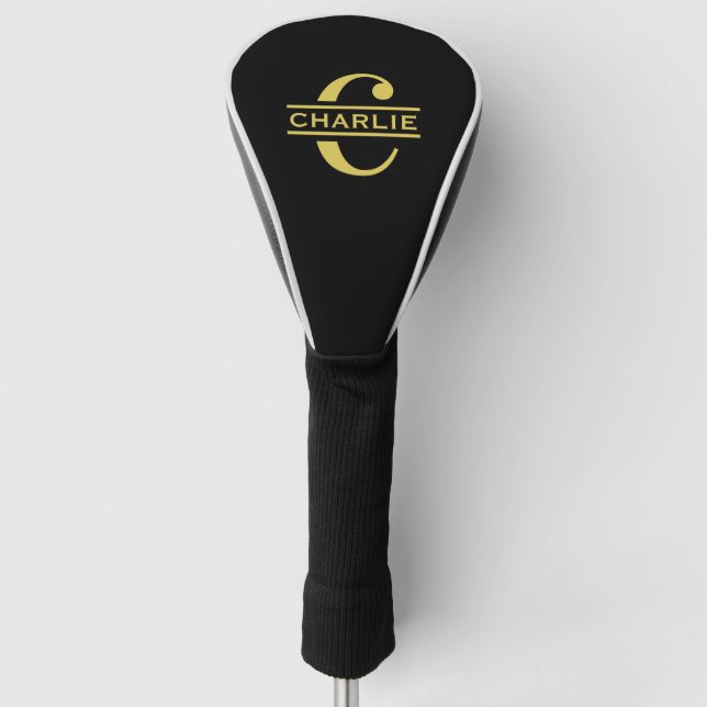 Personalised Monogram And Name Black And Gold Golf Head Cover (Front)