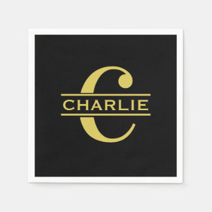 Personalised Monogram And Name Black And Gold Napkin