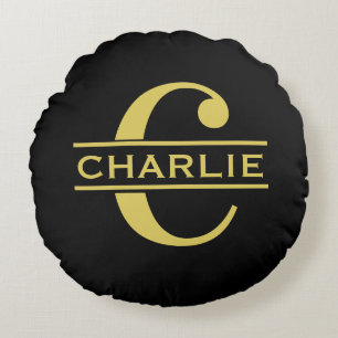 Personalised Monogram And Name Black And Gold Round Cushion