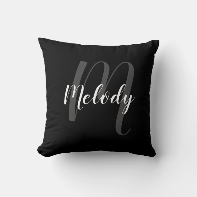 Personalised Monogram and Name Black and White Cushion (Front)