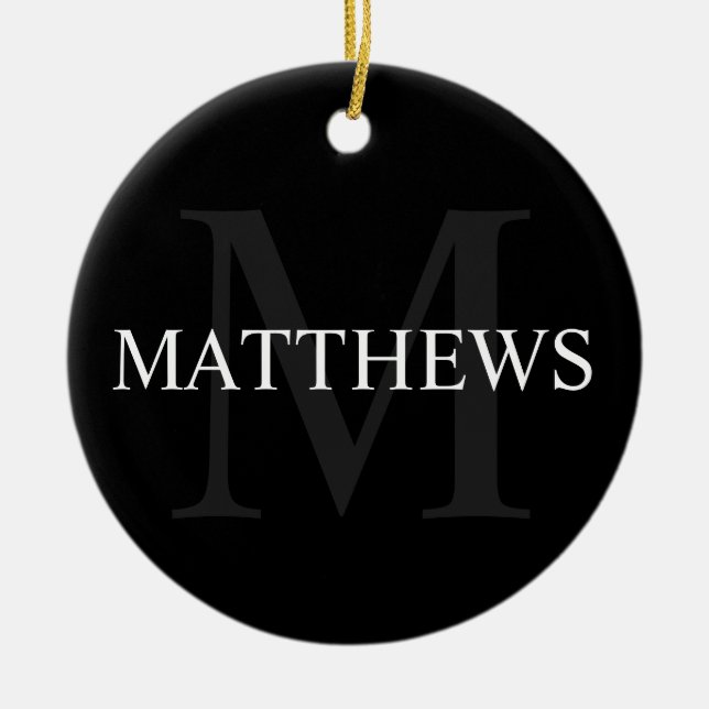 Personalised Monogram and Name Black Ceramic Tree Decoration (Front)
