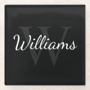 Personalised Monogram and Name Black Glass Coaster