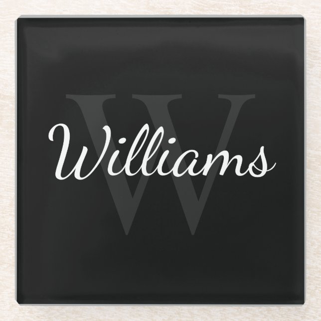 Personalised Monogram and Name Black Glass Coaster (Front)