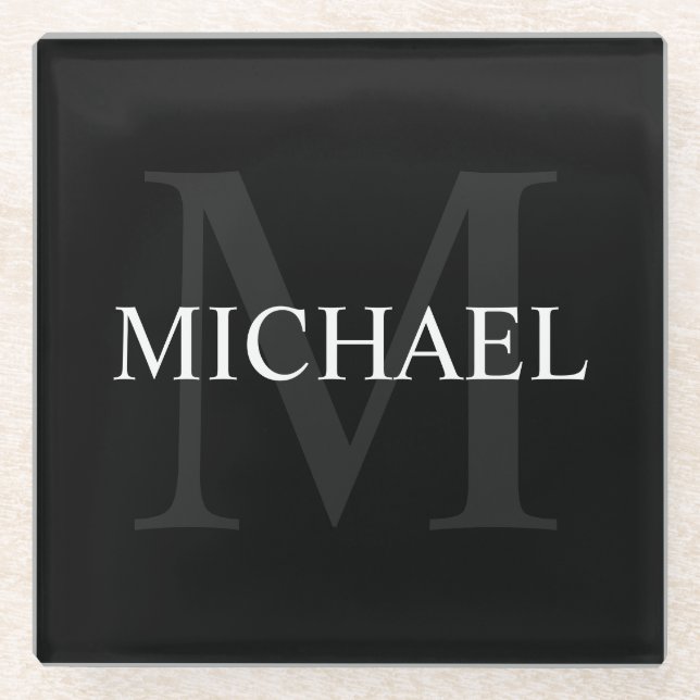 Personalised Monogram and Name Black Glass Coaster (Front)